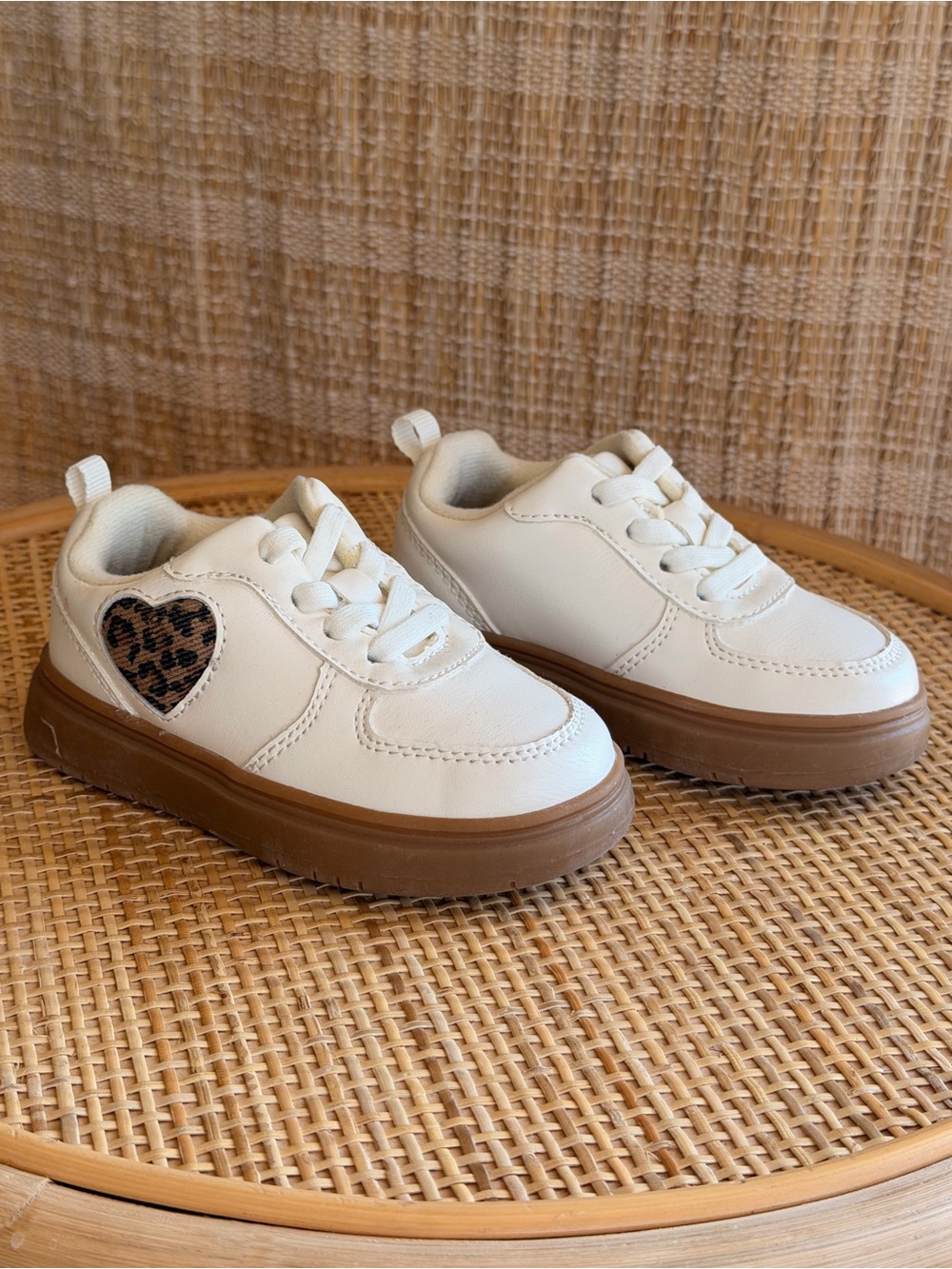 Old Navy Toddler Cream Sneakers with animal print heart accent